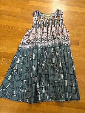 Sleeveless Pink and Teal Patterned Swing Dress